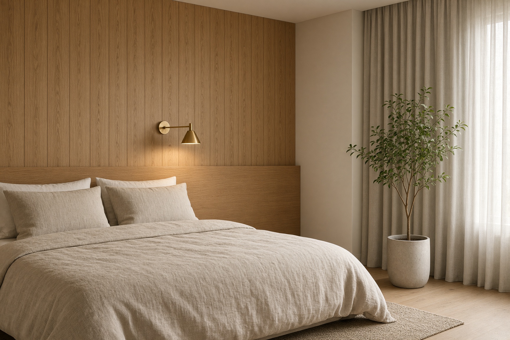 A beige bedroom with an oak headboard and linen bedding.