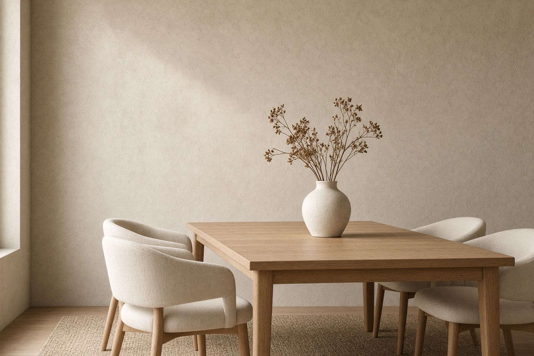 A light oak dining table with cream chairs.