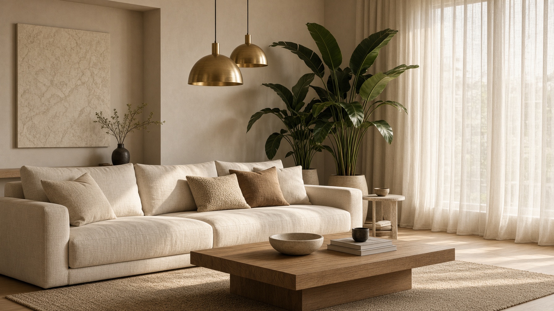 A calm cream living room with a linen sofa, oak table and brass pendant lights.