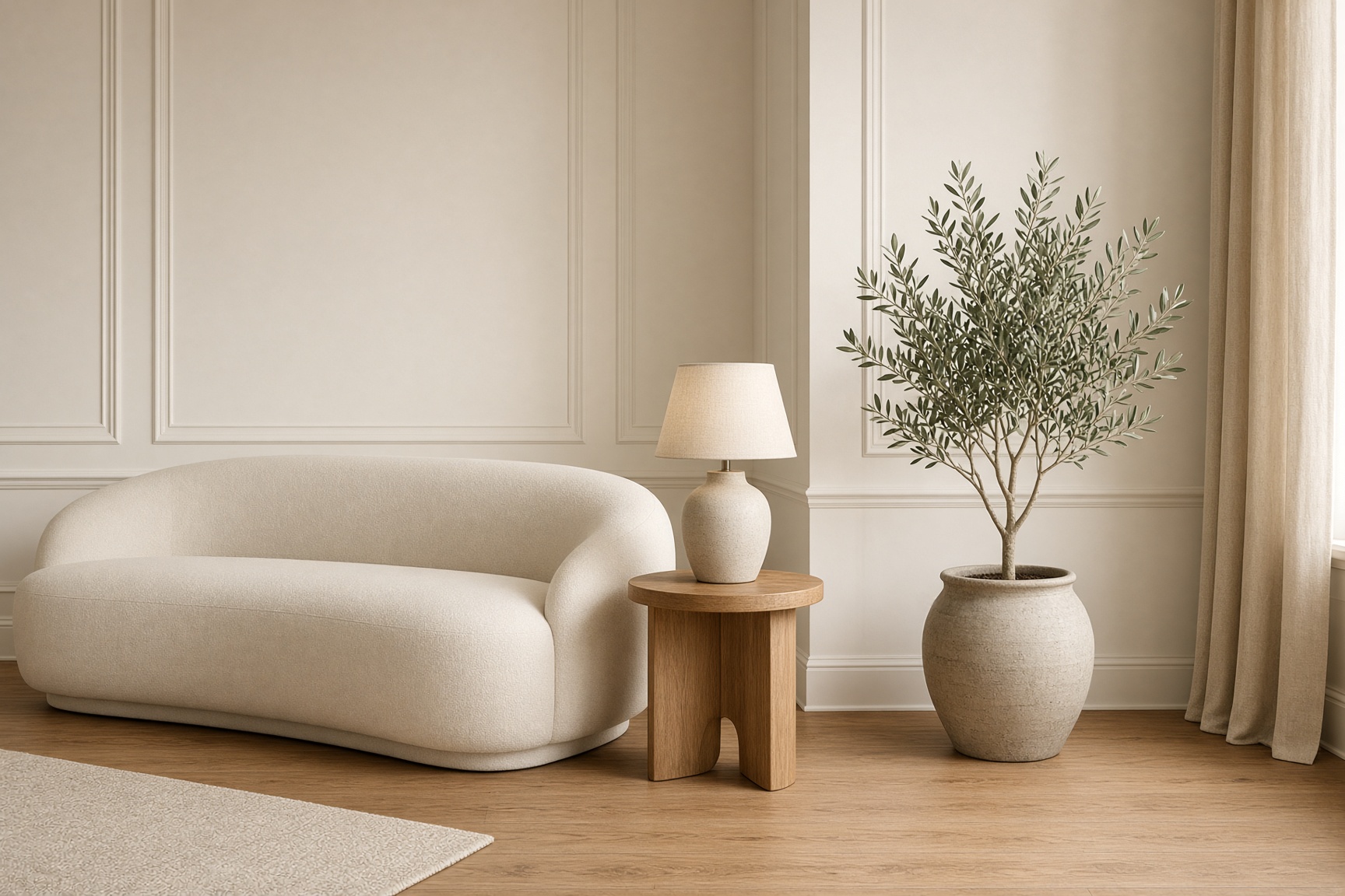 A cream lounge corner with an oak side table, ceramic lamp and indoor plant.